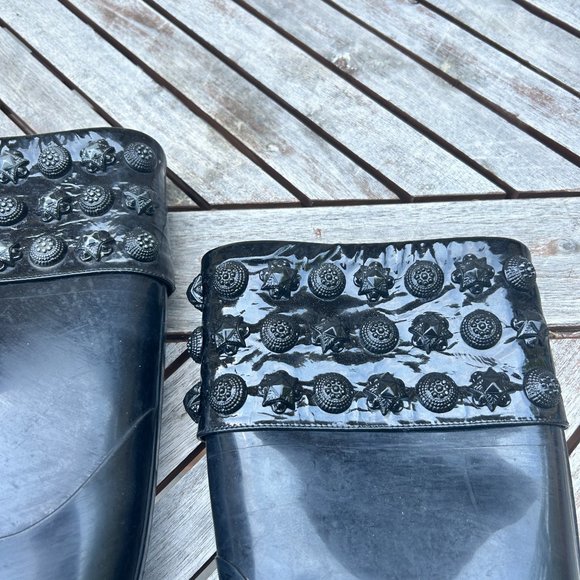 Burberry Black Rainboots Studded Cuff Leather Tall Boots - Picture 3 of 6